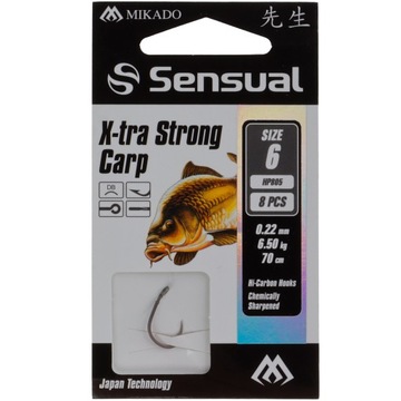 Haczyki X-TRA STRONG CARP 6 DB z przyponem 70 cm Mikado 8 sztuk karp amur