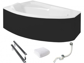Wanna narożna z czarną obudową Rima 150x95 lewa Besco syfon nogi ręcznik