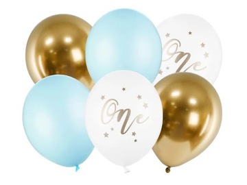 BALONY URODZINOWE NA ROCZEK BIAŁY ZŁOTY NIEBIESKI 30CM 6 SZTUK