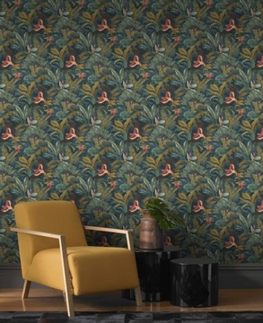 ОБОИ ЛИСТЬЯ, ПТИЦЫ, ЦВЕТЫ, ВИНИЛ НА НЕПОЛЕВОМ