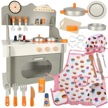 KUCHNIA DLA DZIECI DREWNIANA DUŻA XXL AKCESORIA + NACZYNIA FARTUCH ZESTAW
