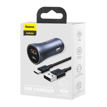 ŁADOWARKA SAMOCHODOWA BASEUS USB +USB-C 40W + kabel 1m USB-C