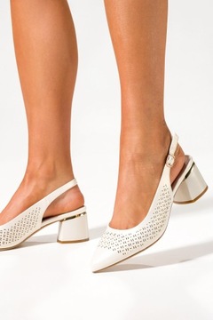 PERŁOWE CZÓŁENKA DAMSKIE NA OZDOBNYM KLOCKU AŻUROWE Z ODKRYTĄ PIĘTĄ r 38