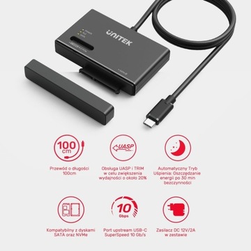 Мост Unitek USB-C для накопителей SATA и M.2 MVMe