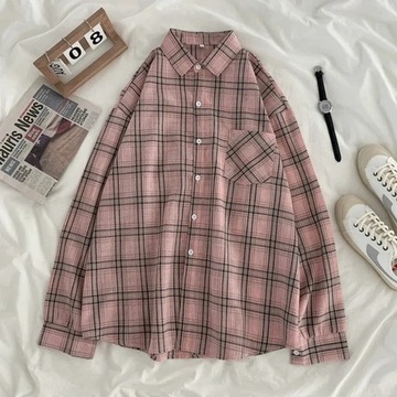 Women Shirt Plaid Oversize Turn-down Collar Leisur