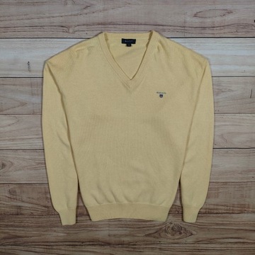 GANT Sweter V Neck Żółty Męski Logowany r. XL