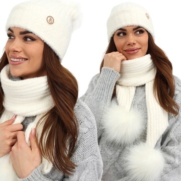 KOMPLET CZAPKA SZALIK ALPAKA CIEPŁY ECRU 2513