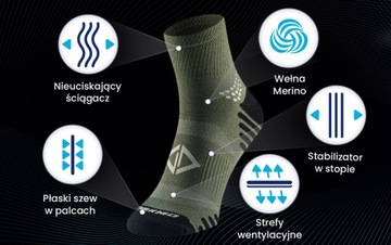 SKARPETY TREKKINGOWE Z WEŁNY MERYNOSÓW 90% MERINO WEŁNA TERMOAKTYWNE DŁ.3/4