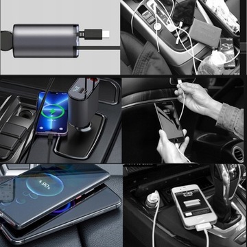 WYSUWANA ŁADOWARKA SAMOCHODOWA OBROTOWA 120 W USB-C+ OŚWIETLENIE ZAPALNICZKA