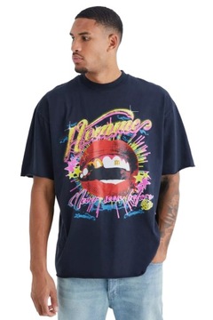 boohooMAN LUŹNY MĘSKI T-SHIRT OVERSIZE SZARY Z PRINTEM USTAMI L