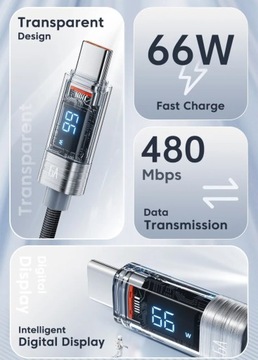 Кабель Tooki, 2 метра, USB A — Usb C, 6 А, 66 Вт, 2 м, синий ЖК-дисплей, метр.