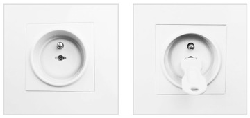 Защита контактных розеток, белые заглушки, замок с вилкой.