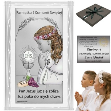 PAMIĄTKA I KOMUNII ŚWIĘTEJ Srebrny Obraz na Komunię dla dziewczynki GRAWER