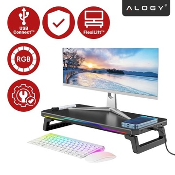 PODSTAWKA POD MONITOR LAPTOP HUB USB USB-C PÓŁKA NADSTAWKA OŚWIETLENIE RGB