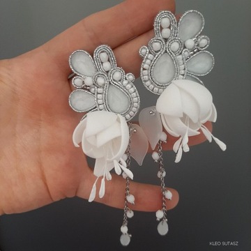 СВАДЕБНЫЕ СУТАЖНЫЕ СЕРЬГИ СЕРЕБРЯНЫЕ БЕЛЫЕ БОХО ЦВЕТЫ