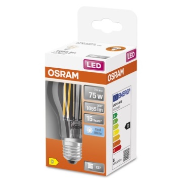 Светодиодная лампа E27 A60 7,5W 75W 4000K FILAMENT OSRAM