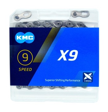 Łańcuch rowerowy KMC X9 9 rzędowy 114 ogniw SZARY BOX + SPINKA