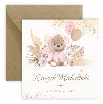 ZAPROSZENIA NA ROCZEK IMIĘ + KOPERTA EKO MIŚ RÓŻ
