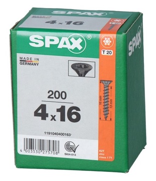 Wkręty czarne SPAX 4x16 T20 pełny gwint 200 szt