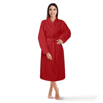 Czerwony Szlafrok Bawełniany Kimono Wafel Gofer