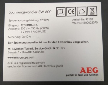 Преобразователь напряжения AEG SW 600 Sinus 600 Вт