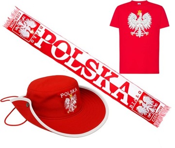 ZESTAW DLA KIBICA POLSKI KOSZULKA +SZALIK + CZAPKA GODŁO FLAGA