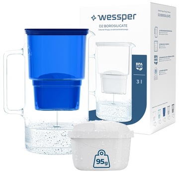 DZBANEK SZKLANY WESSPER D2 BOROSILICATE 3l + 2x FILTR WKŁAD WODY WESSPER