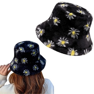 KAPELUSZ STOKROTKA KWIAT BUCKET HAT ZIMOWY CZARNY REGULOWANY