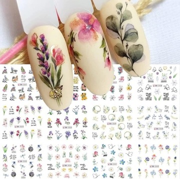 ВОДНЫЕ НАКЛЕЙКИ для украшения ногтей, лист из 12 рисунков, цветы, летние украшения