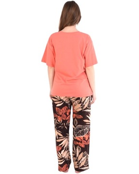 Piżama damska bawełniana koszulka długie spodnie pomarańczowa w kwiaty 3XL