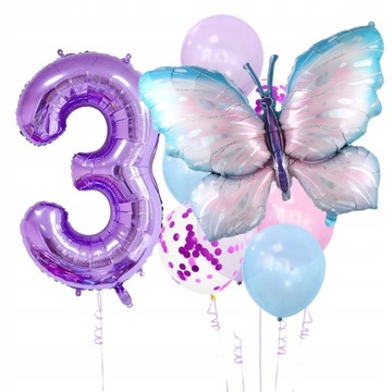 ZESTAW BALONY MOTYL CYFRA 3 URODZINY 9szt