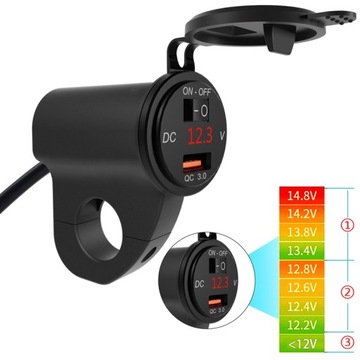 ЗАРЯДНОЕ УСТРОЙСТВО ДЛЯ МОТОЦИКЛА 3.4A USB QC3.0 ВОЛЬТМЕТР 12В