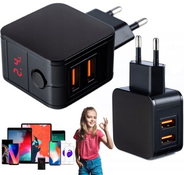 SZYBKA ŁADOWARKA SIECIOWA do Telefonu 2xUSB 2.4A AMPEROMIERZ KOSTKA