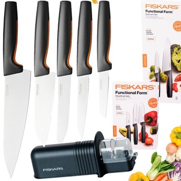 FISKARS KOMPLET ZESTAW 5 NOŻY KUCHENNYCH DO WARZYW OWOCÓW SZEFA + OSTRZAŁKA
