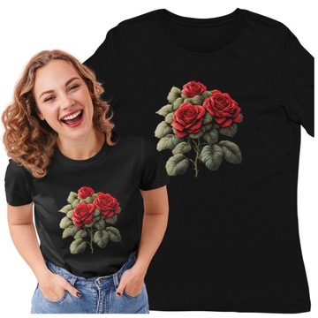 KOSZULKA RÓŻA DAMSKI T-SHIRT Z NADRUKIEM RÓŻY Z RÓŻĄ W KWIATY