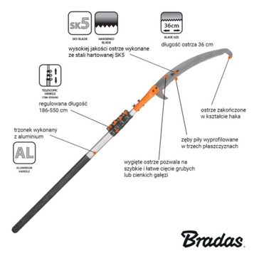ПИЛА ПО ДЕРЕВУ С КРЮКОМ, ТЕЛЕСКОПИЧЕСКАЯ РУКОЯТКА 5,5М