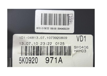 GOLF VI 6 PŘÍSTROJOVÁ DESKA BUDÍKY 1.6 TDI 5K0920971A #