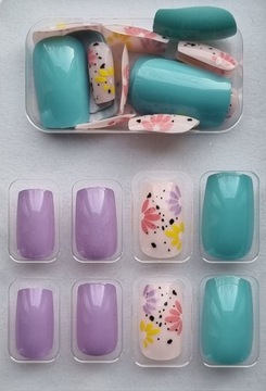 Paznokcie Sztuczne Tipsy Kwadrat Pastel Kwiaty Pastelowe Nude Samoprzylepne