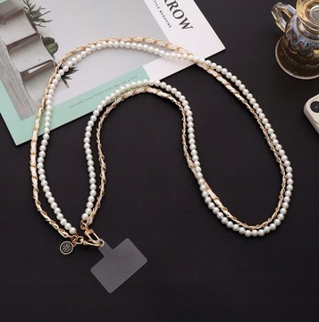 Smycz na szyję do kluczy telefonu perły perełki podwójna długa białe