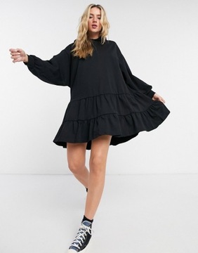 Czarna warstwowa sukienka mini dresowa z kapturem oversize 32