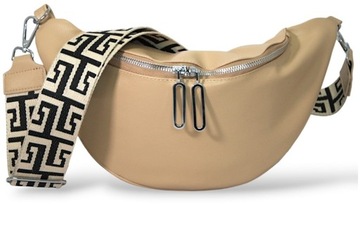 NERKA DAMSKA DUŻA BEŻOWA ELEGANCKA SPORTOWA SASZETKA 2 PASKI EKO SKÓRA