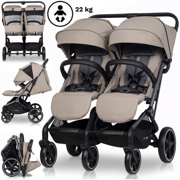 LEKKI WÓZEK SPACEROWY DZIECIĘCY DLA BLIŹNIĄT ROK PO ROKU 0-22KG + AKCESORIA