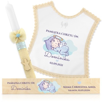 SZATKA I ŚWIECA do chrztu + PUDEŁKO IMIĘ NADRUK