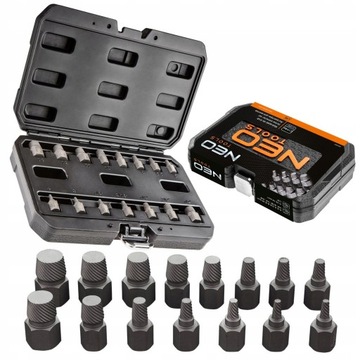 НАБОР ЭКСТРАКТОРОВ NEO ДЛЯ СЛОМАННЫХ ВИНТОВ, 15 ПРЕДМЕТОВ, КОРОБКА 09-607