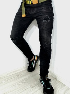 Spodnie męskie jeans podszyte dziury czarne slim Pasek R 33