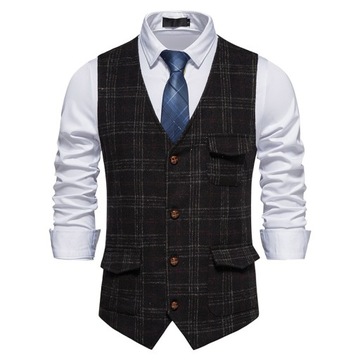 Mężczyźni Plaid V-Neck Garnitur Kamizelki Formalne Biznes Kamizelka