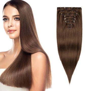Włosy syntetyczne Clip In 47 cm 8 taśm #8 pasma Real Soft średni brąz