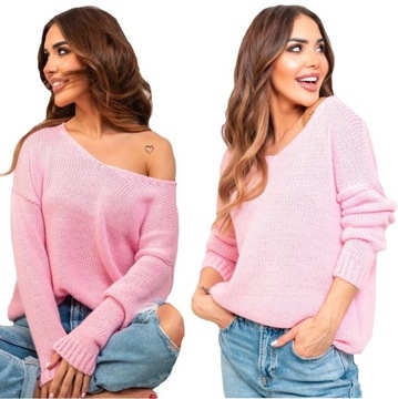 Sweter V-CLASSIC dekolt-v OVERSIZE polski RÓŻ
