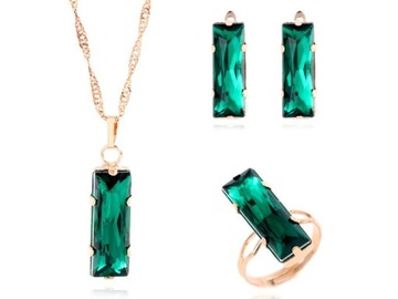 Złoty Komplet biżuterii zielone cyrkonie pozłacane prostokąty na prezent