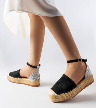 Czarne espadryle na platformie brokatowe 22884 38